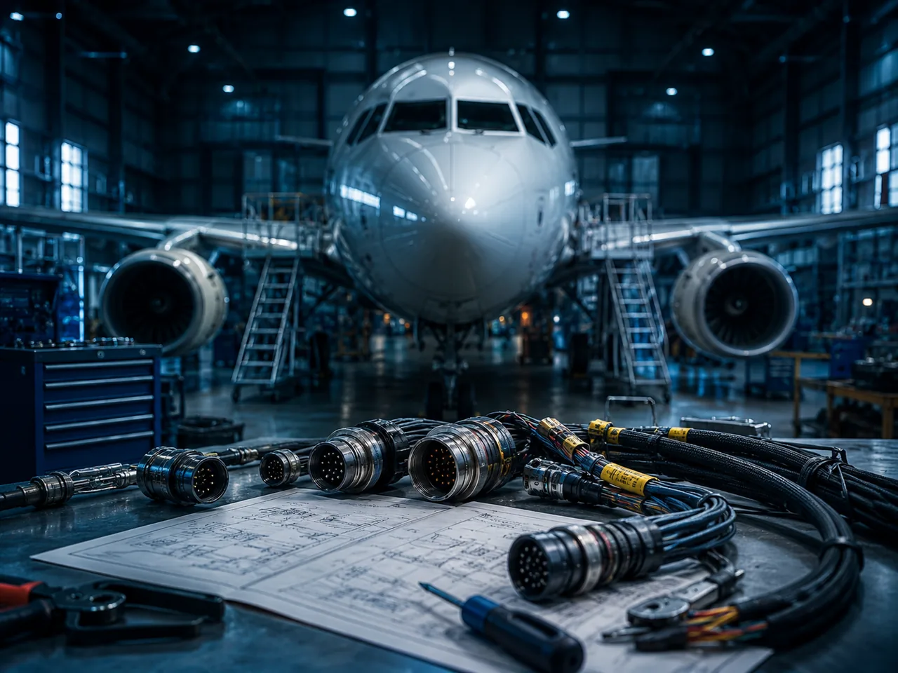 Aerospace maintenance environment with wire harness tools and connectors