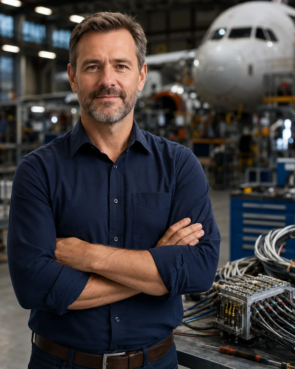 Founder portrait in aerospace maintenance environment